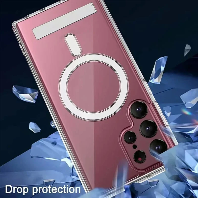 Magnetic Clear Shockproof Phone Case with Metal Kickstand Holder For Samsung Galaxy S24Ultra S24+ S24plus S23 S22 S22+ S22 Ultra