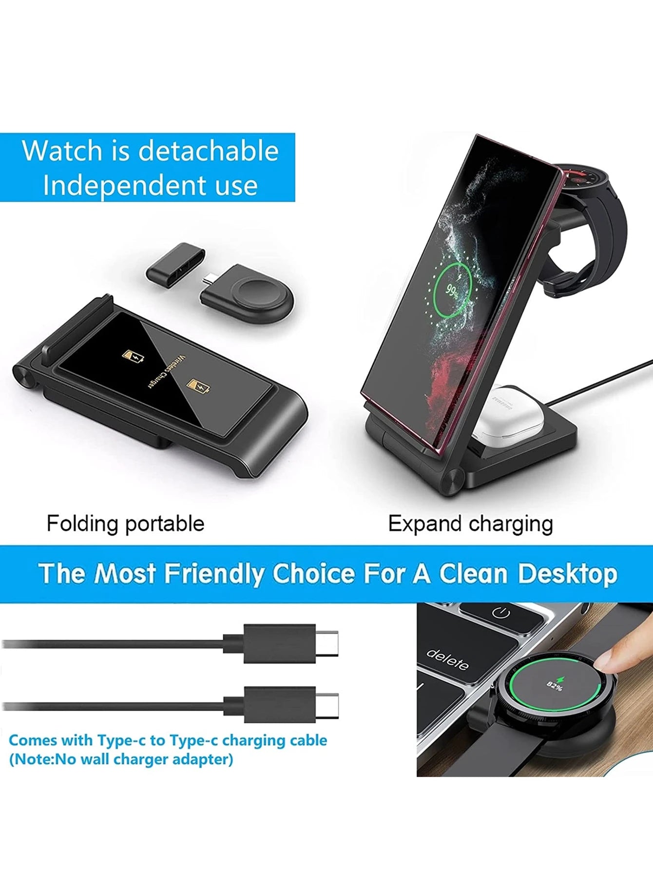 3 in 1 Wireless Charger for Samsung S24 S23 Ultra/S22/S21/Note 20/Z Flip 6/Z Fold 6 Fast Charging Station for Galaxy Watch 7 Pro