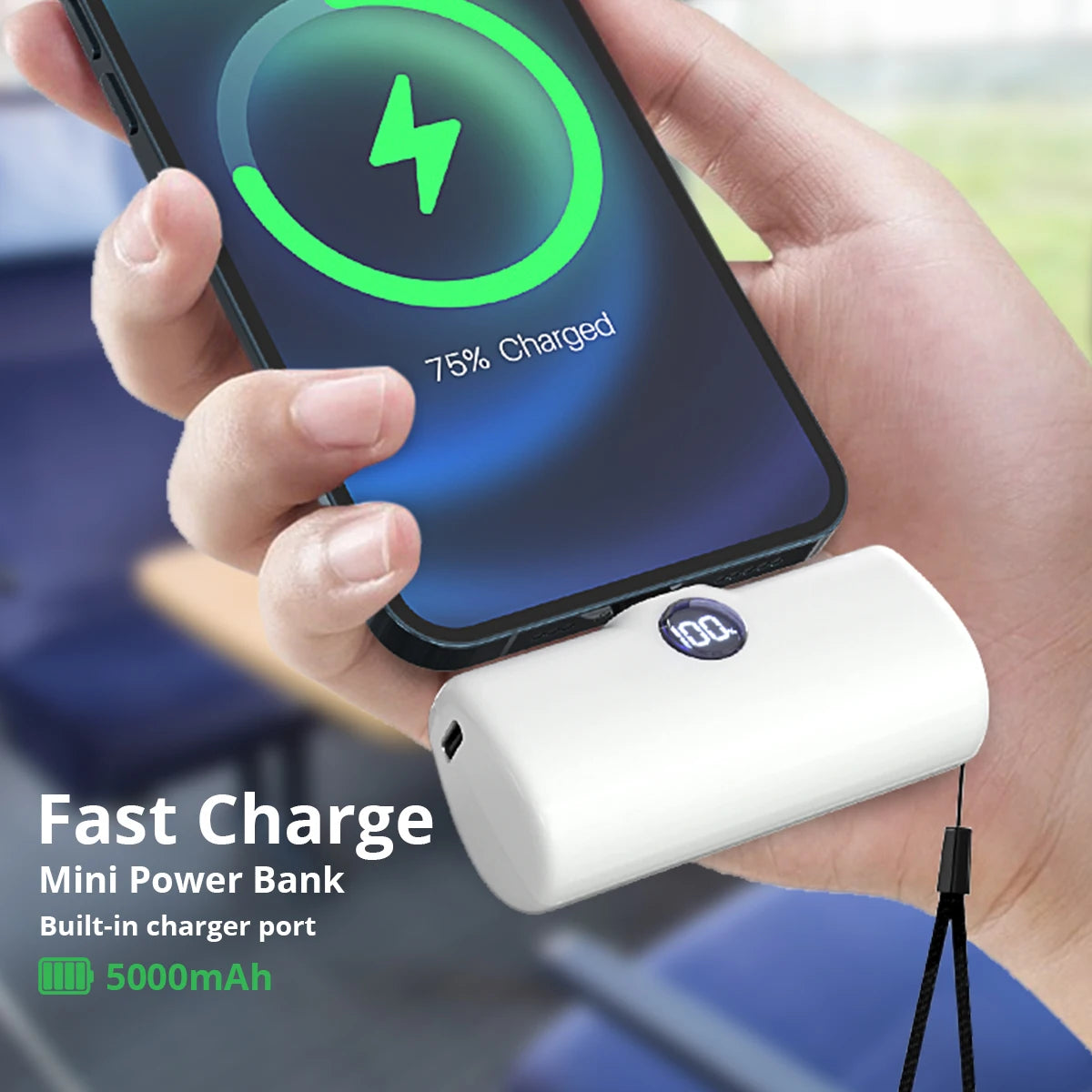 Portable Fast Charge Power Bank with Built-in Cable for iPhone & Samsung