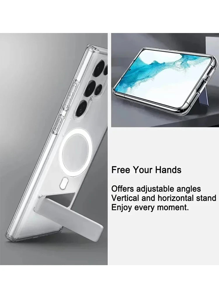 Magnetic Clear Shockproof Phone Case with Metal Kickstand Holder For Samsung Galaxy S24Ultra S24+ S24plus S23 S22 S22+ S22 Ultra