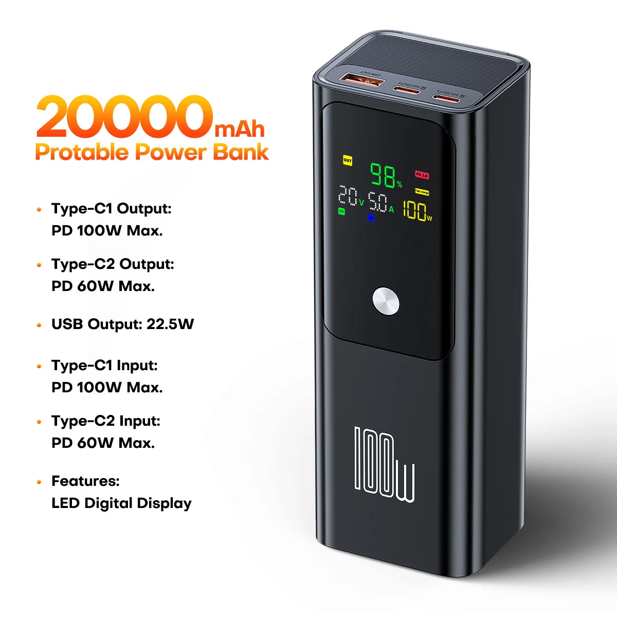 QOOVI PD 100W Power Bank 20000mAh, Fast Charging for Laptop & Phones