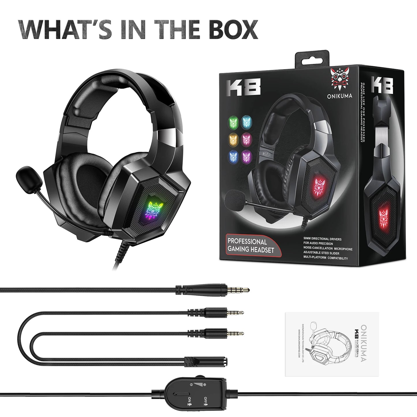 ONIKUMA K8 Gaming Headphones, Over-Ear, HD Mic, RGB Light, Wired for PC/Xbox