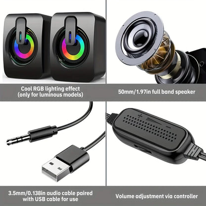 PC Speakers, HIFI Stereo with Microphone, USB Wired, LED Light for Desktop